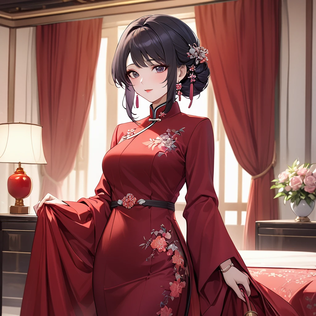 ((Highest quality)), ((masterpiece)), (detailed), (Perfect Face)、The woman is a Chinese woman named Kocho Shinobu.。, Purple gradient bob black hair and formal evening hairstyles. She is wearing an engagement ring. She is a prominent member of the Chinese Communist Party.、She is the wife of a great old Communist Party official.、The woman is beautifully dressed in a gorgeous red formal suit, typical of the Chinese Communist Party.、An elegant Chinese lady in a posh room