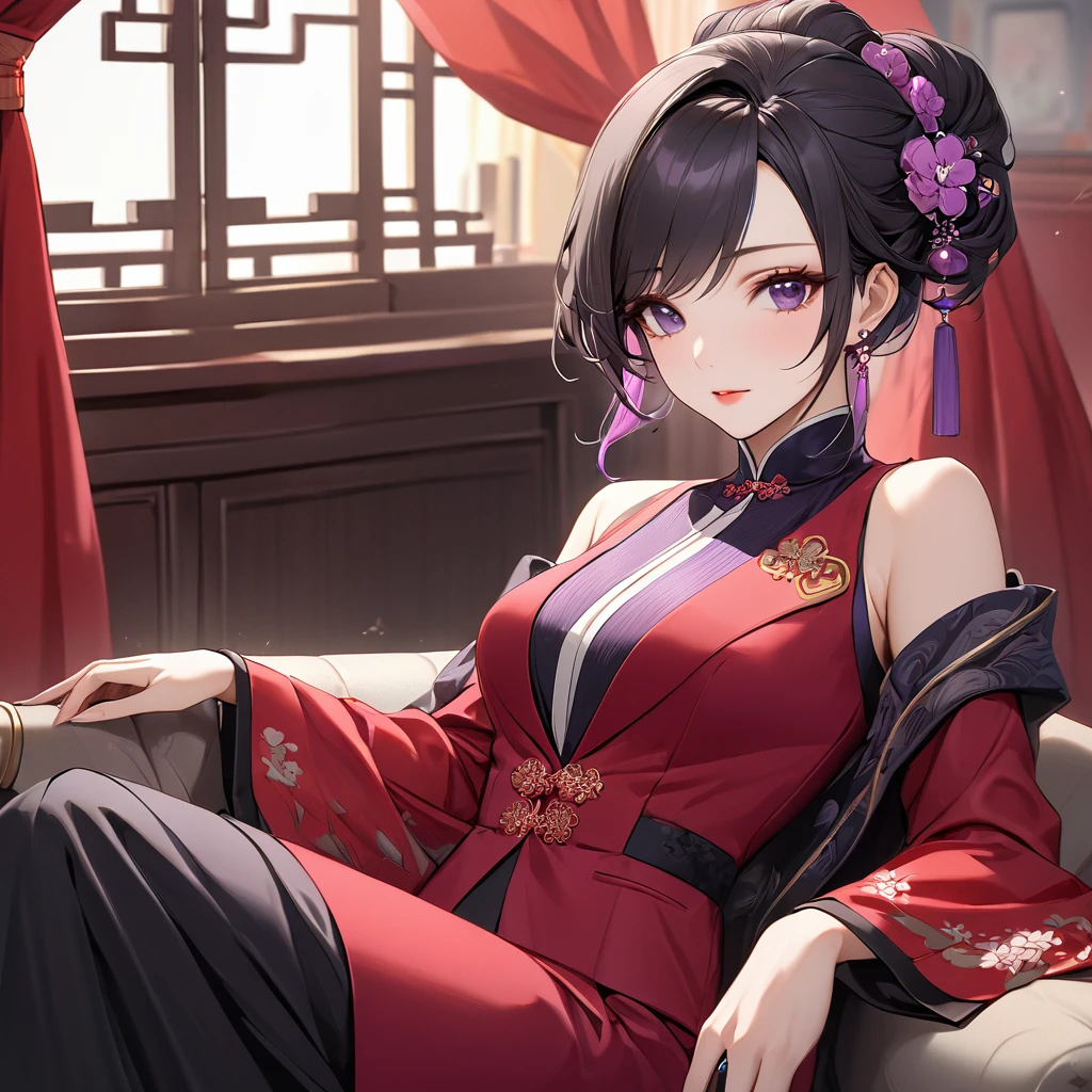 ((Highest quality)), ((masterpiece)), (detailed), (Perfect Face)、The woman is a Chinese woman named Kocho Shinobu.。, Purple gradient bob black hair and formal evening hairstyles. She is wearing an engagement ring. She is a prominent member of the Chinese Communist Party.、She is the wife of a great old Communist Party official.、The woman is beautifully dressed in a gorgeous red formal suit, typical of the Chinese Communist Party.、An elegant Chinese lady in a posh room