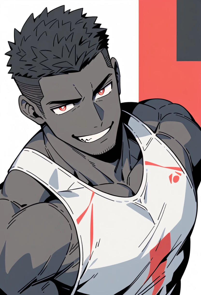 anime characters：Priapus, Black Black Skin Muscle Sports Student, Manliness, male focus, Sports tight hooded sweatshirt, Wear a high-necked tights underneath, Very tight, Huge pectoral muscles, muscular male, muscular, only, Upper body, alone, Red short hair, Thick eyebrows, Stubble, Brown-red pupils, White background, Solid color background, Clean background, simple background, amazing quality, best aesthetics, Ridiculous, crew cut, smirk, bright pupils, grin, negative space, negative space, best quality