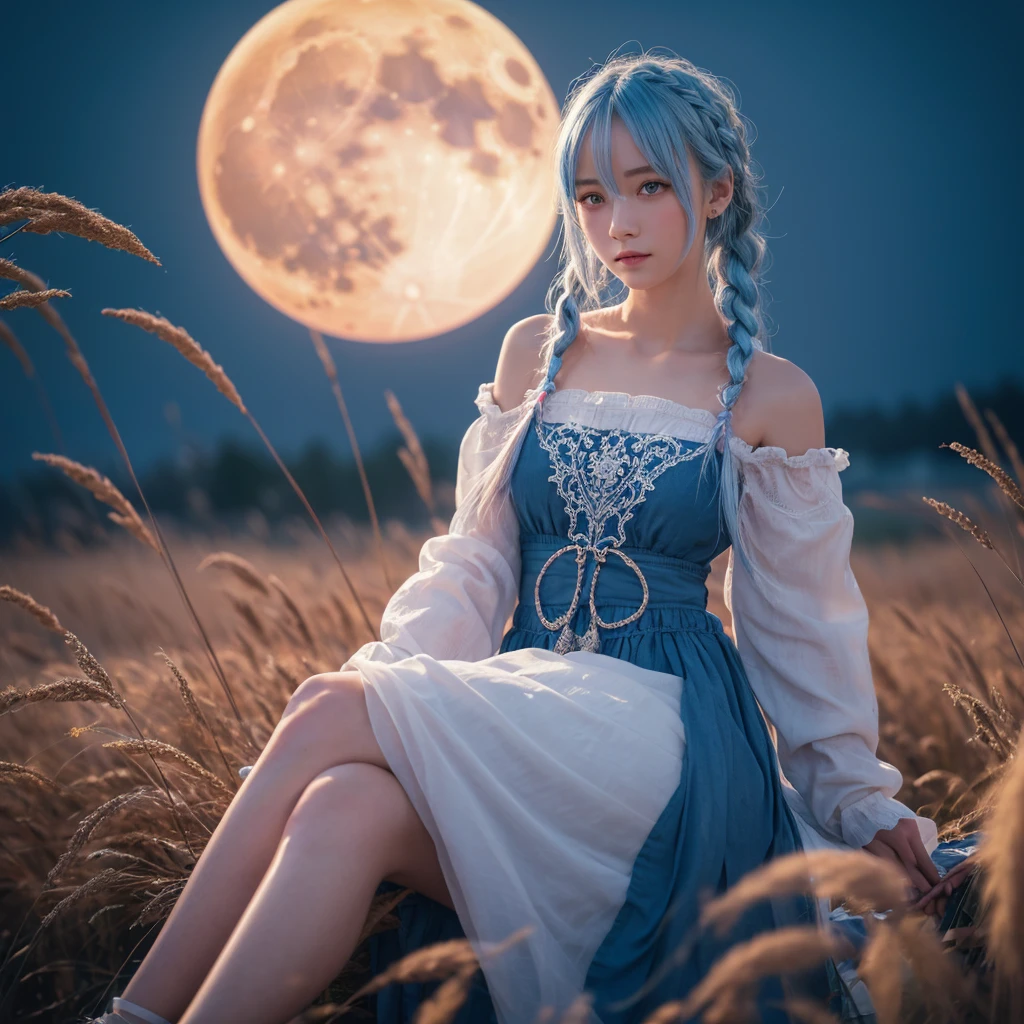 Sky blue hair, (Braided medium hair), (Pink eyes),Fair skin) ,(whole body),(One Girl),(harvest moon),(A large amount of Miscanthus sinensis in the background),(full moon),(masterpiece, Highest quality, Very detailed, Best Shadow), (Detailed Background), (Beautifully detailed face), High Contrast, (Best lighting, Very delicate and beautiful), ((Cinematic Light)), Hyper Detail,8k, Dramatic Light, Intricate details,Sitting and eating rice dumplings