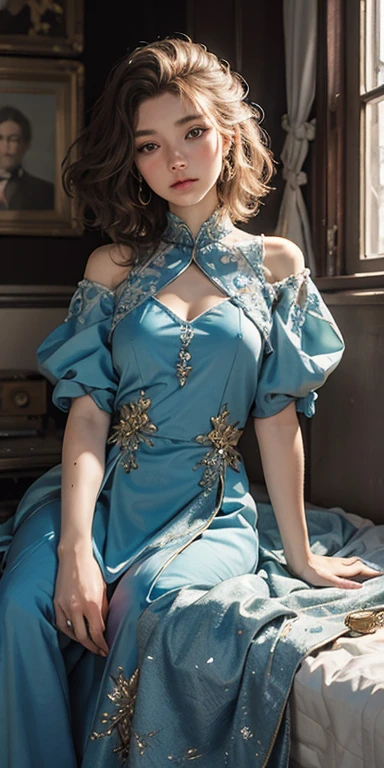 (masterpiece: 1.2, Portraiture, Highest quality), Realistic, (Live Action, Intricate details, Written boundary depth), Highest quality, masterpiece, Attention to detail, semi-Realistic,  Sleeping in bed, shy, 21 years old, Short Blonde, Hair in the left eye, blue eyes, Royal dress, Slim figure、Canopy bed、 sleeping beauty,