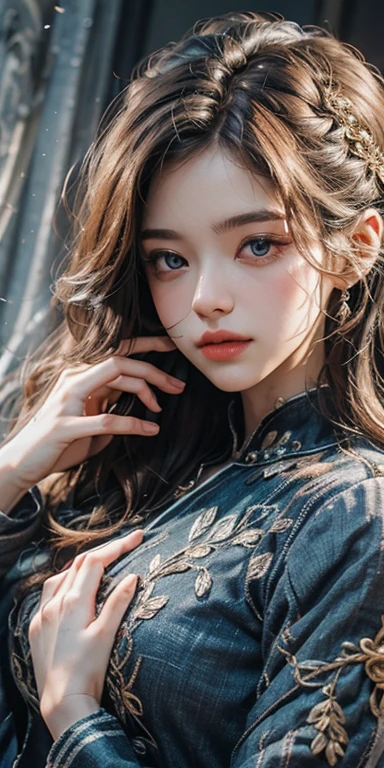 (masterpiece: 1.2, Portraiture, Highest quality), Realistic, (Live Action, Intricate details, Written boundary depth), Highest quality, masterpiece, Attention to detail, semi-Realistic, Sleeping in bed, shy, 21 years old, Short Blonde, Hair in the left eye, blue eyes, Royal dress, Slim figure、Canopy bed、 sleeping beauty,