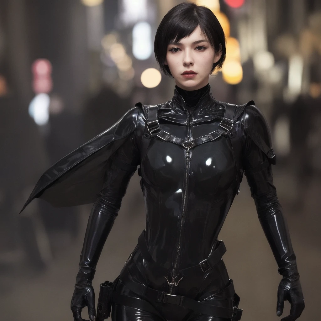 Very detailed, Very sharp, Highest quality, woman, Sophie Thatcher's face, Black rider latex suit, tall and lean figure, Harness, night, night street, Light, Very short black hair, Heavy makeup, Scapula, holster,