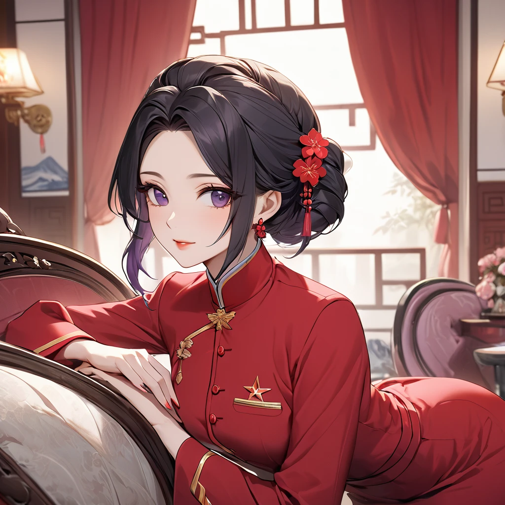 ((Highest quality)), ((masterpiece)), (detailed), (Perfect Face)、The woman is a Chinese woman named Kocho Shinobu.。, Purple gradient bob black hair and formal evening hairstyles. She is wearing an engagement ring. She is a prominent member of the Chinese Communist Party.、She is the wife of a great old Communist Party official.、The woman is beautifully dressed in the gorgeous and glamorous red Communist Party uniform that is typical of the Chinese Communist Party.、An elegant Chinese lady in a posh room