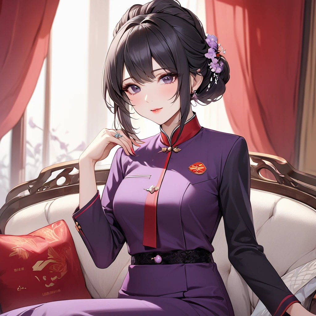((Highest quality)), ((masterpiece)), (detailed), (Perfect Face)、The woman is a Chinese woman named Kocho Shinobu.。, Purple gradient bob black hair and formal evening hairstyles. She is wearing an engagement ring. She is a prominent member of the Chinese Communist Party.、She is the wife of a great old Communist Party official.、The woman is beautifully dressed in the gorgeous and glamorous red Communist Party uniform that is typical of the Chinese Communist Party.、An elegant Chinese lady in a posh room