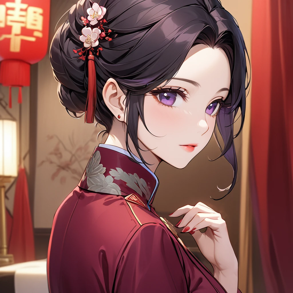 ((Highest quality)), ((masterpiece)), (detailed), （Perfect Face）、The woman is a Chinese woman named Kocho Shinobu.。, Purple gradient bob black hair and formal evening hairstyles. She is wearing an engagement ring. She is a prominent member of the Chinese Communist Party.、She is the wife of a great old Communist Party official.、The woman is beautifully dressed in the gorgeous and glamorous red Communist Party uniform that is typical of the Chinese Communist Party.、An elegant Chinese lady in a posh room