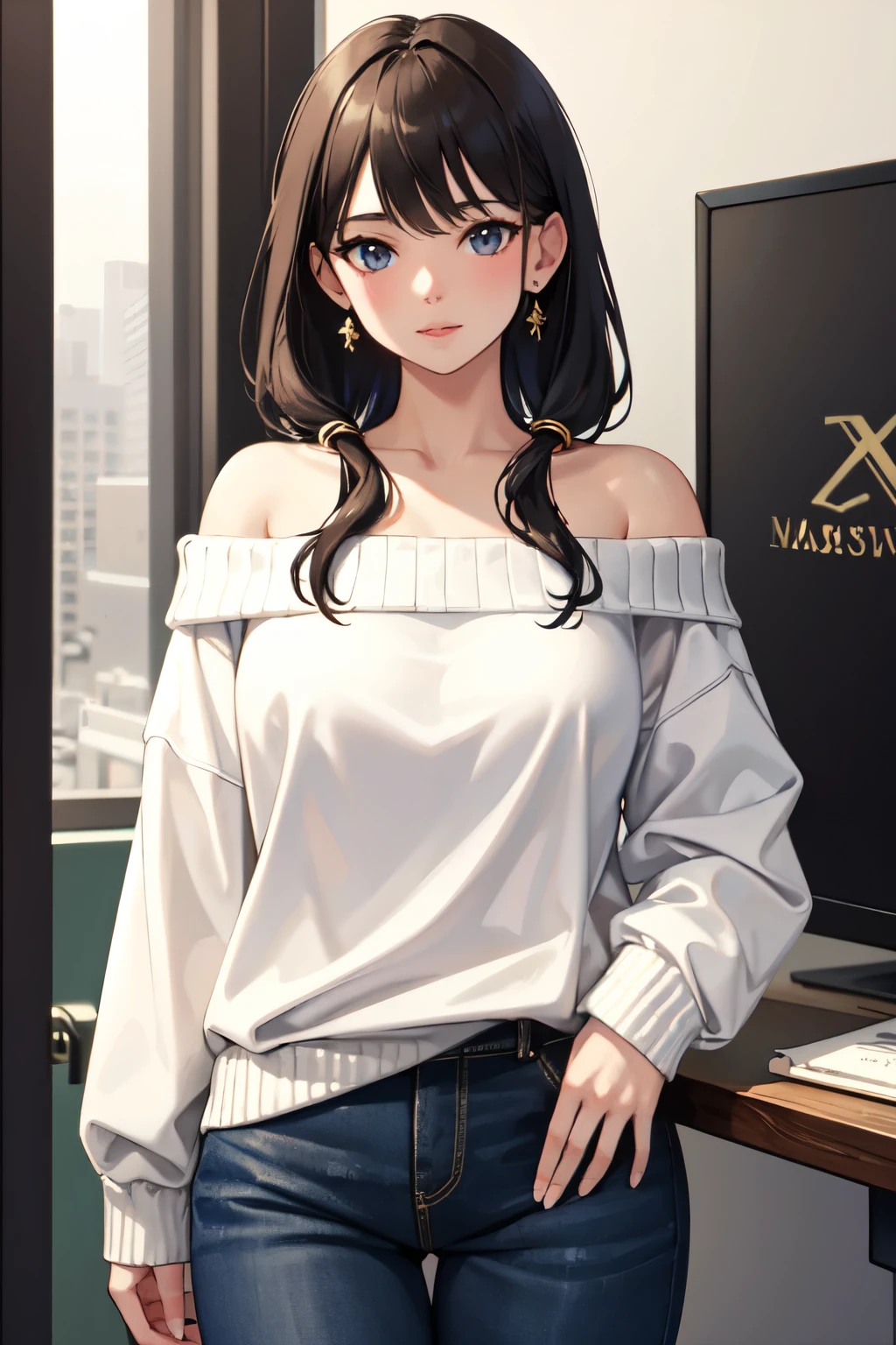 ((Highest quality)), ((masterpiece)), (detailed), One girl, Off-the-shoulder sweater,