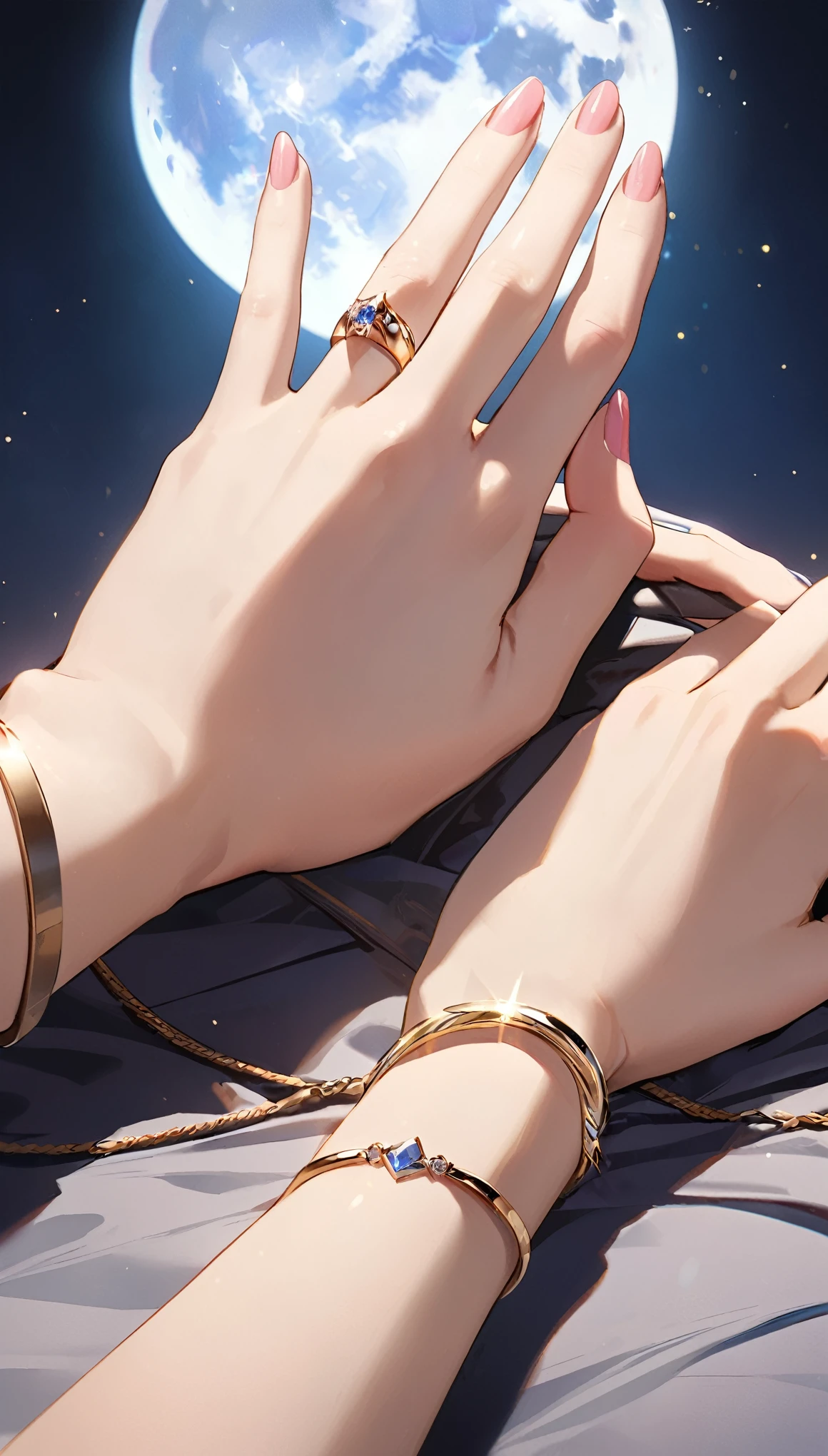 (((Offering Ring、Hands close-up))), Big moon background, Confession on a Moonlit Night, Draw only the hand and the moon:1.2, Anatomically correct, 5 fingers, Light and shadow with attention to detail, Background Blur, (Highest quality:1.2, 4K, 8k, Very detailed, Attention to detail, masterpiece:1.2, Best aesthetics),