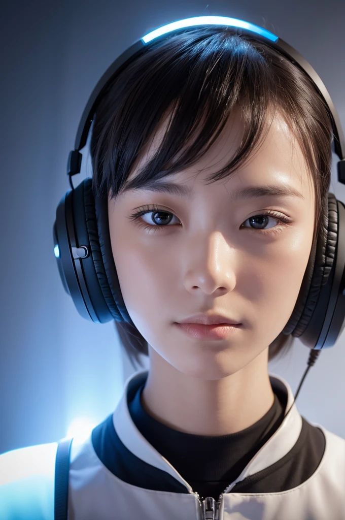 ((Disembodied head on desk stand)), beautiful girl, Ai girl, humanoid , robot girl, 20yo, makeup, eyes closed, short hair, highly detailed face, (realistic), masterpiece, best quality, extremely detailed, soft light, soft shadows, soft backlighting, (best image,best quality:1.5) asian girl, happy face