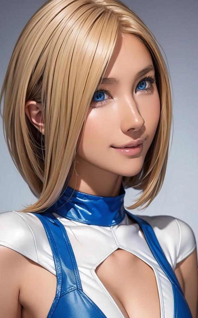 girl, smile, white bodysuit, blonde, blue eyes, Hyper Realistic
