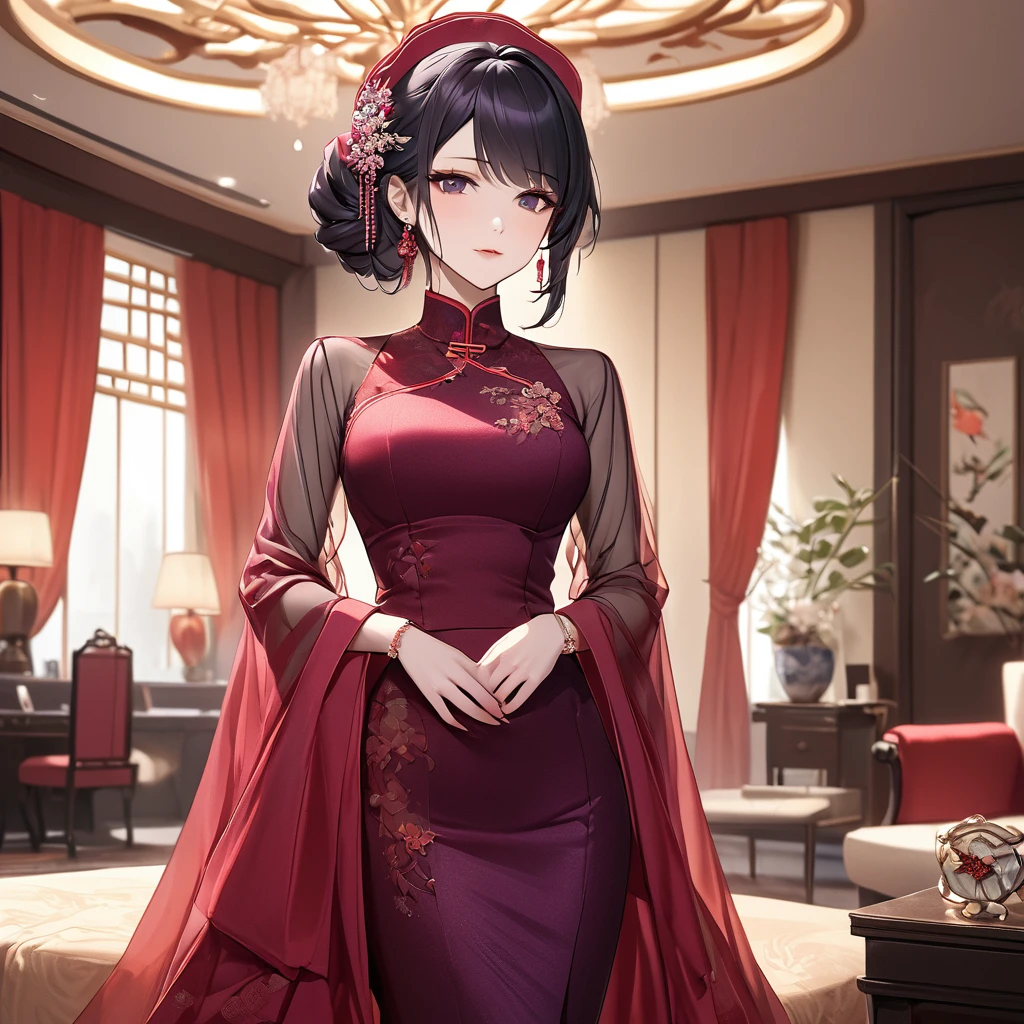 ((Highest quality)), ((masterpiece)), (detailed), （Perfect Face）、The woman is a Chinese woman named Kocho Shinobu.。, Purple gradient bob black hair and formal evening hairstyles. She is wearing an engagement ring. She is a prominent member of the Chinese Communist .、She is the wife of a great old Communist Partycial.、The woman is beautifully dressed in a gorgeous, almost see-through red dress and a see-through red veil.、An elegant Chinese lady in a posh room