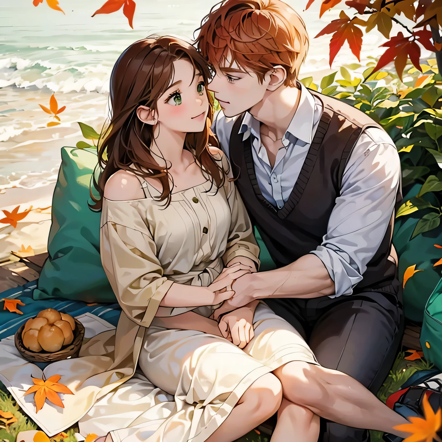 Romantic picnic at a riverbank in autumn. Orange leafs are falling down into two characters. One is a cute anime girl with ginger hair and with green eyes. The other character is a cute anime man with brown hair and brown eyes and a slightly tanned skin. They are kissing each other on the mouth. The woman is happy and blushing. They both have close eyes.