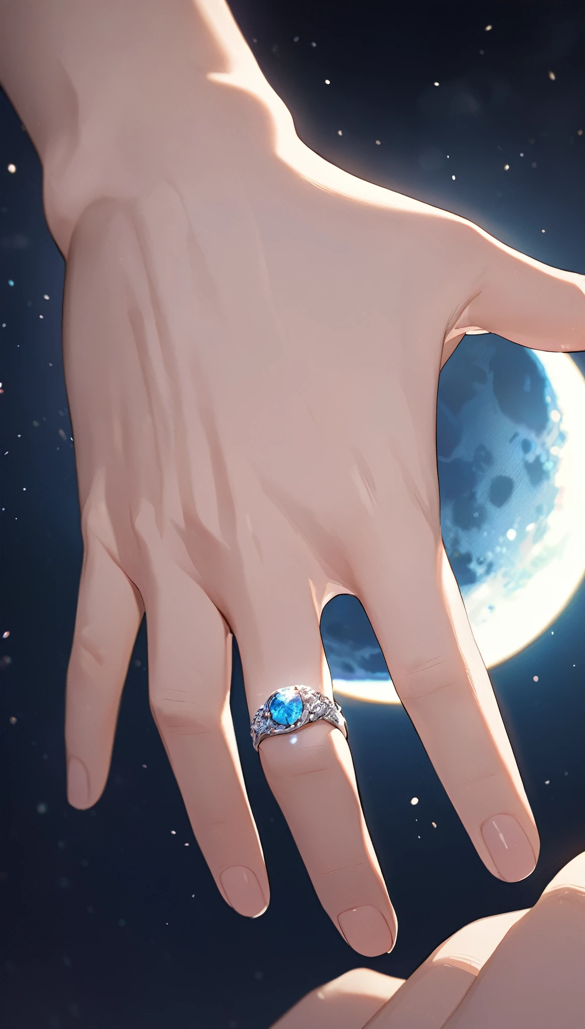 (((Offering Ring、Hands close-up))), Big moon background, Confession on a Moonlit Night, Draw only the hand and the moon:1.2, Anatomically correct, 5 fingers, Light and shadow with attention to detail, Background Blur, (Highest quality:1.2, 4K, 8k, Very detailed, Attention to detail, masterpiece:1.2, Best aesthetics),