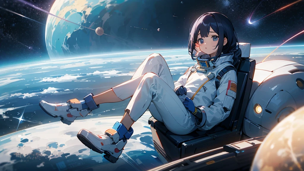 asian girl in the space on alien planet between polar star and big dipper