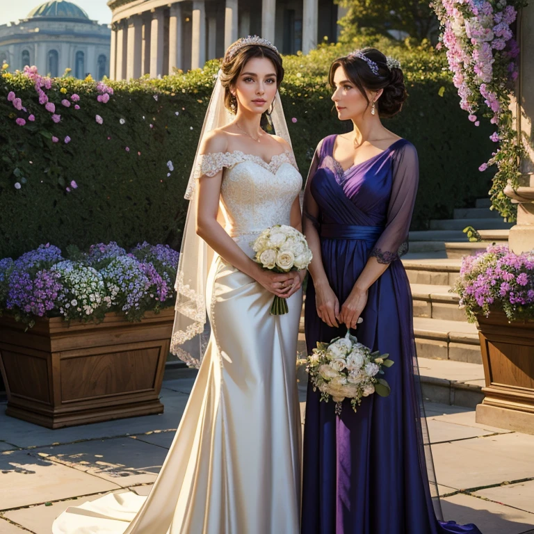 (masterpiece, best quality:1.5), highest quality, High resolution, super detailed, Realists, Upper body photo of a black-haired bridesmaid, detailed and beautiful eyes, beautiful detailed lips, very detailed eyes and face, longeyelashes, Bridesmaid in a short purple dress made of shiny satin fabric, Beautiful and colorful makeup, elegant and noble々Pose,shiny satin headband, grind, Holding flowers, Gardens as background, soft daylight, bright colors, fine brushstrokes, Portrait style, Noble details in the dress fabric, beautiful color palette, glowing skin, First-class rendering, that captures every detail, enchanting atmosphere, subtle shadows and lights, (perfect anatomy:1.2), (The two stunning bridesmaids hold flowers and wedding rings, (magnificent panorama view:1.2)