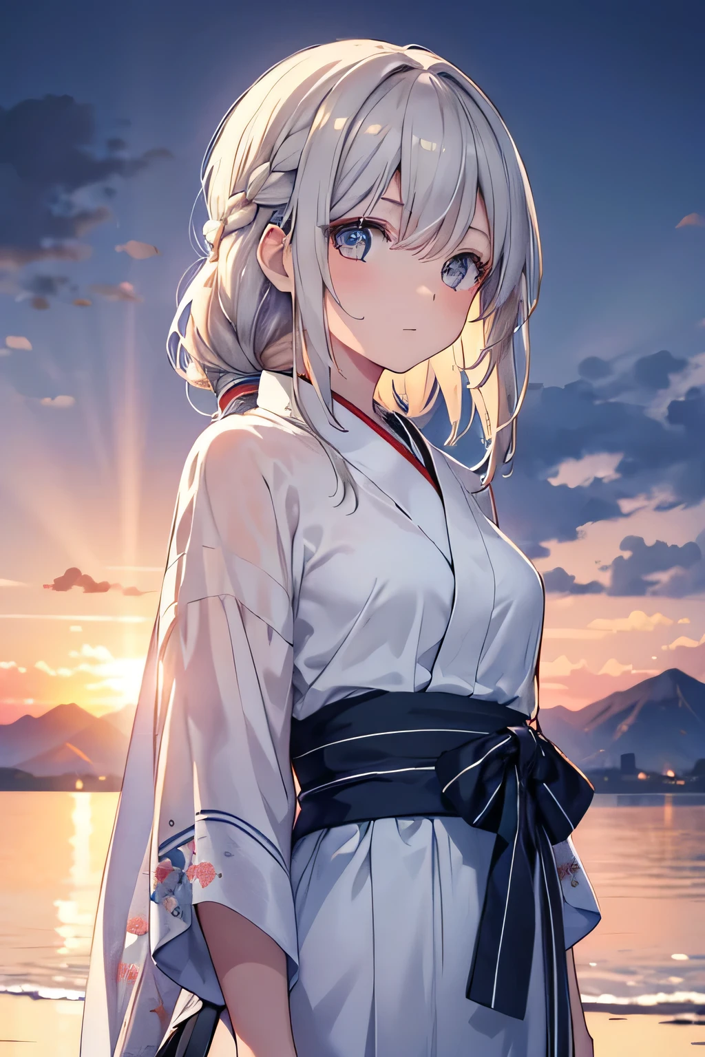 1 Female,11, Solo,(background:Plains, Distant Mountain々,In the summer, sunset, low orange rays, Sunglasses growing on the ground,outer) Casual silver hairstyles,stride, Viewed from the front, In the distant cloudy sky,Distant cloudy sky on the horizon(((masterpiece),(Highly detailed CG Unity 8k wallpaper),Highest quality,Cinema Lighting,Detailed background,Beautiful and fine details,Bright Eyes,(Very elegant and beautiful),(Beautifully detailed eye depiction),Super detailed,masterpiece,)),Face the viewer,frontage,High resolution,Super detailed)yukata