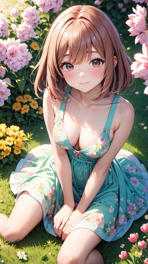 sitting, wariza, from above, spring clothes, light green floral print dress, pumps, Lots of colorful tulips, flower fields, warm atmosphere, rays of light from trees, backlit, profile
upper body, twinkle smile, 1girl, solo, ars old, detailed beautiful face and eyes, brown eyes, (flat breasts:1.3), (very short hair:1.2), (bangs:1.2), (brown pink hair:1.2), hair fluttering, (well-proportioned body:1.2), (dynamic angle:1.3)
(masterpiece:1.2) , (best quality:1.2) , (ultra-detailed:1.2), more prism, vibrant color, ,hair over eyes, hair over one eye