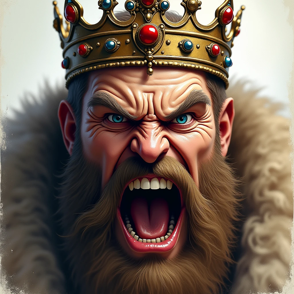 "A detailed and lifelike close-up drawing of a king's face, with a bushy beard and a jewel-encrusted crown. The king's eyes are filled with intense anger, and his mouth is open in a fierce yell. The background is blurred to emphasize the king's facial expression of rage and power."