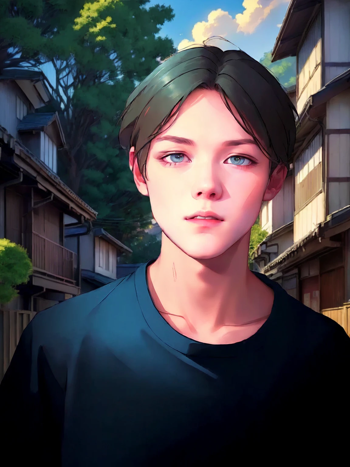 (masterpiece, Best quality:1.2), (realistic,photo-realistic:1.4), RAW photo, a high resolution, extremely detailed, complex parts, (whole body, from below), realistic, (top quality), ultra high resolution、one man、,High impact images, images of a young man in a black t-shirt, realistic аниме 3D стиль, digital anime illustration, work in Guweiz style, Anime style realism, realistic аниме-стиль, полуrealistic стиль аниме, Гладкое аниме CG Art, anime style portrait, realistic стиль, Makoto Shinkai. digital rendering, young man, Blue eyes, dark brown hair, artistic portrait, Clean lines, Precise details, Urban landscapes, (detailing of the urban landscape), Street portraits, Architectural details, Zoomed in portraits, Silky skies