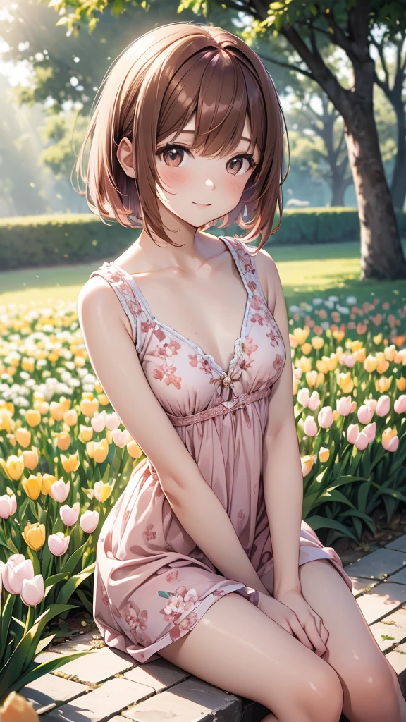 sitting, wariza, from above, spring clothes, light green floral print dress, pumps, Lots of colorful tulips, flower fields, warm atmosphere, rays of light from trees, backlit, profile
upper body, twinkle smile, 1girl, solo, 16years old, detailed beautiful face and eyes, brown eyes, (flat breasts:1.3), (very short hair:1.2), (bangs:1.2), (brown pink hair:1.2), hair fluttering, (well-proportioned body:1.2), (dynamic angle:1.3)
(masterpiece:1.2) , (best quality:1.2) , (ultra-detailed:1.2), more prism, vibrant color, ,hair over eyes, hair over one eye