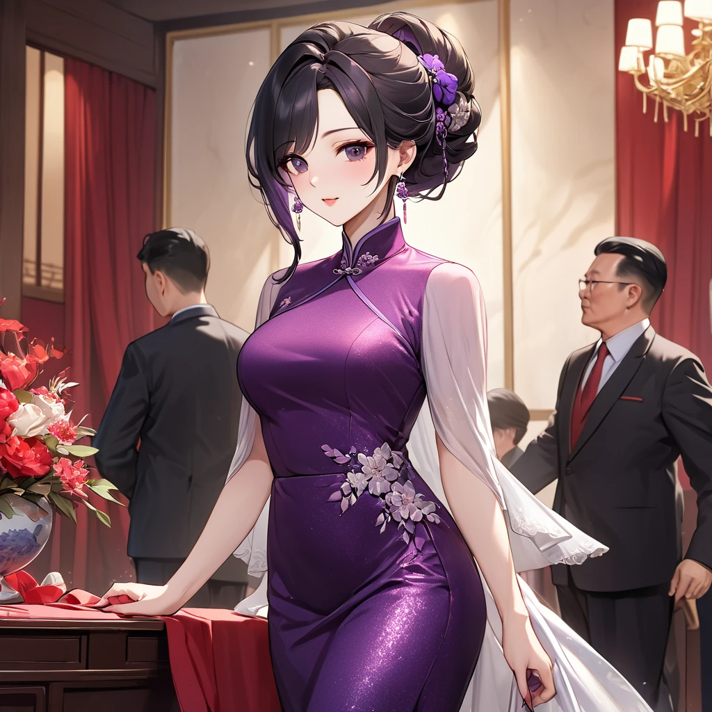 ((Highest quality)), ((masterpiece)), (detailed), （Perfect Face）、The woman is a Chinese woman named Kocho Shinobu.。, Purple gradient bob black hair and formal evening hairstyles. She is wearing an engagement ring. She is a prominent member of the Chinese Communist Party.、She is the wife of a great old Communist Party official.、The woman is beautifully dressed in a gorgeous and glamorous red mermaid party dress、An elegant Chinese lady in a posh room