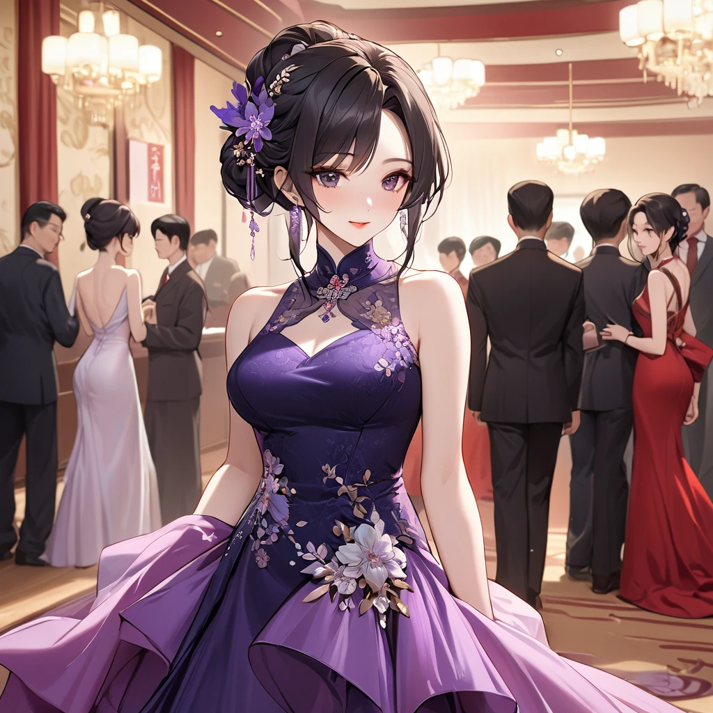 ((Highest quality)), ((masterpiece)), (detailed), (Perfect Face)、The woman is a Chinese woman named Kocho Shinobu.。, Purple gradient bob black hair and formal evening hairstyles. She is wearing an engagement ring. She is a prominent member of the Chinese Communist Party.、She is the wife of a great old Communist Party official.、The woman is beautifully dressed in a gorgeous and glamorous red mermaid party dress、An elegant Chinese lady in a posh room