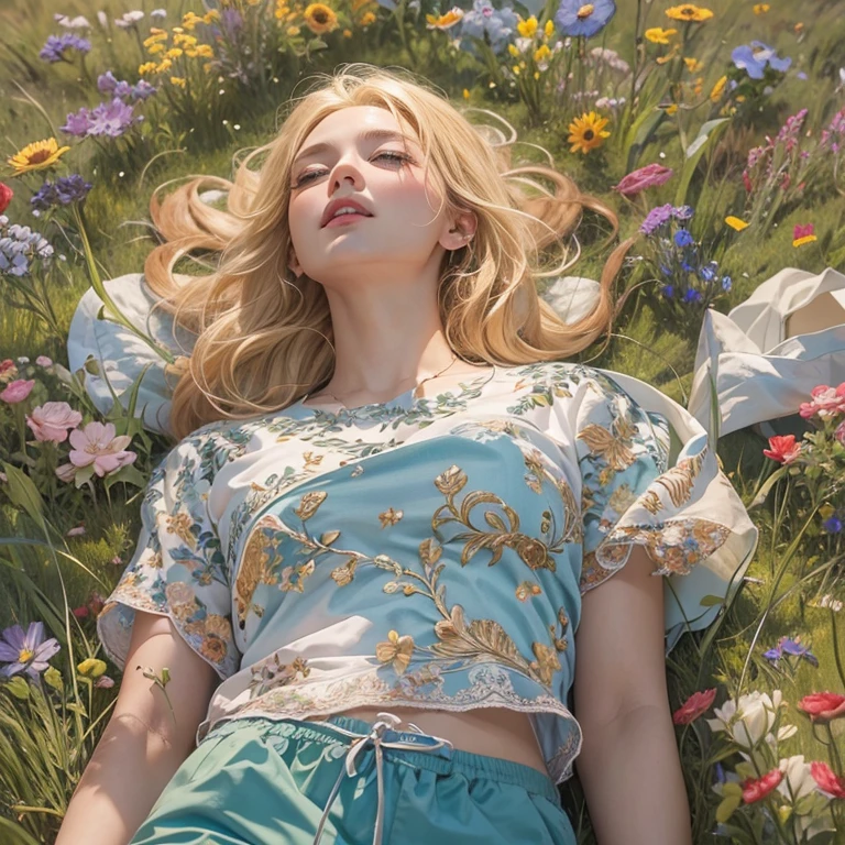 masterpiece: 1.2, Portraiture, Highest quality), Realistic, (Live Action, Intricate details, Written boundary depth), Highest quality, masterpiece, Attention to detail, semi-Realistic, Sleeping on the grass, shy, 21 years old, Short blonde, blue eyes, blonde、 Slim figure、Shoulder Bare、Shorts 、Blue sky and a few clouds、Rolling on the lawn