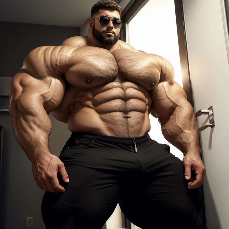 vpl, hyper growth, hyper muscles, furry growth, a very handsome young man massively large and very tall, sunglasses, shirtless wearing black long pants, massively muscular, with massively large muscles, huge muscles, exaggeratedly huge muscles, with massively large biceps, with massively large arms, with massively large chest, with massively large shoulders, with massively large and muscular body, massively large upper body, on a black background