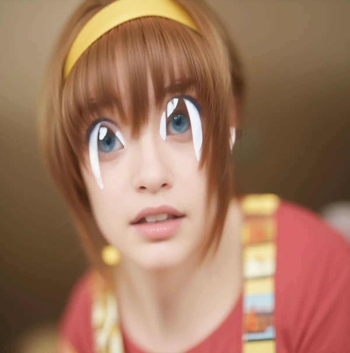 masterpiece, best quality, cinematic photo of 1GIRL, brown hair, yellow hairband, red shirt over orange over yellow dress, brown eyes, angry moth open, short hair,, photograph, film, highres