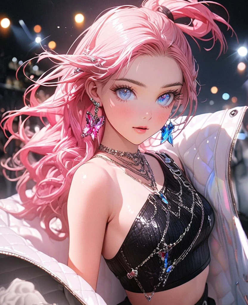 8K,gal，an extremely delicate and beautiful,Beautiful and realistic skin,Shiny jewel-like earrings,Shine like glitter fluorescent pink hair,topknot,beautiful eyes,Fashion Model,full body,one-shoulder top,denim short shorts