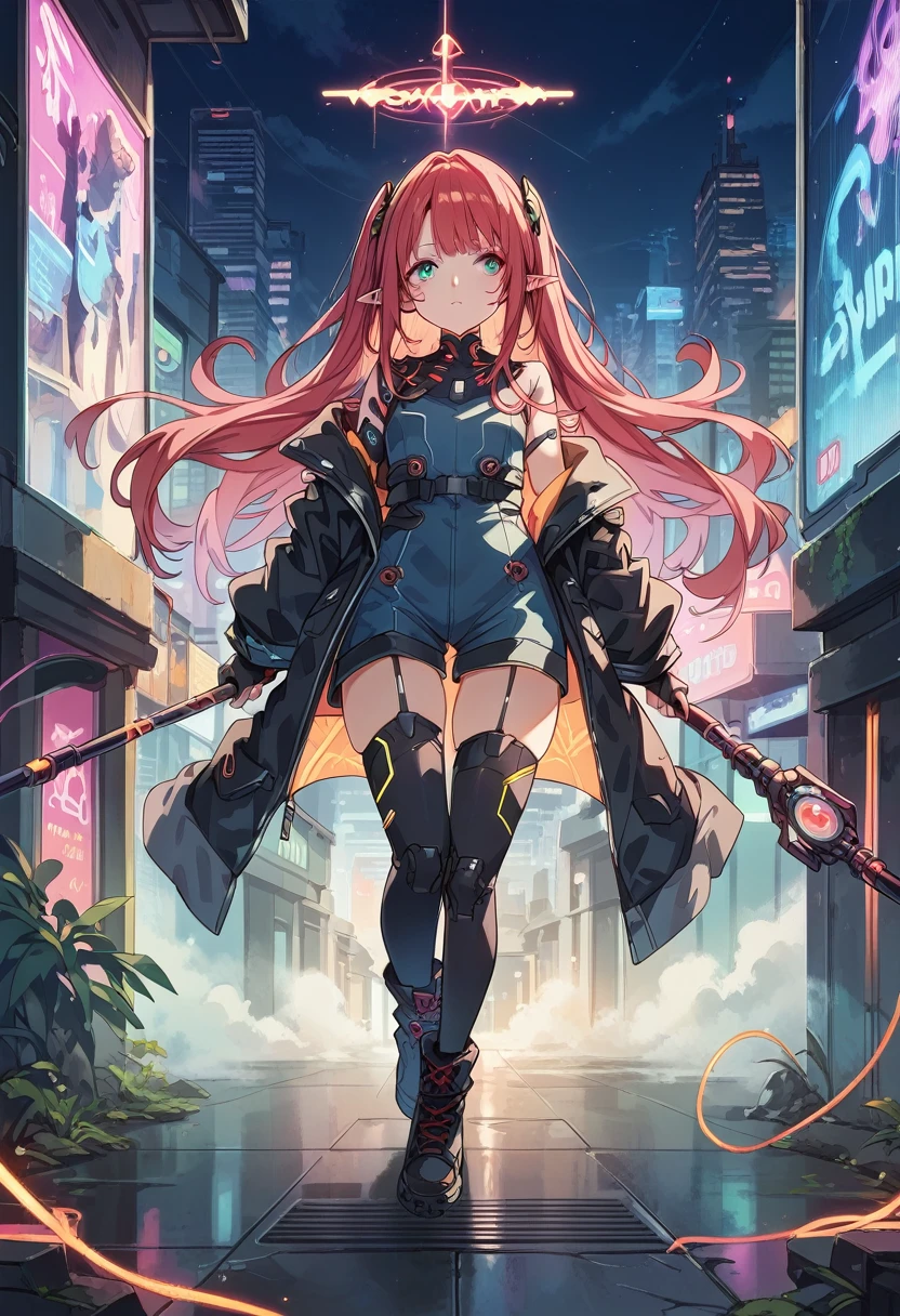 score_9, score_8_up, score_7_up, Cute Girl, elf,Wizard, pointed ears, masterpiece,(bestquality),highlydetailed,ultra-detailed,
1 girl,(black and red tones),(mechanical),(cool),(biodesign),( biomechanics),long hair,(wires and tubes),(futuristic outfit),(leather jacket),(combat boots),(in a cyberpunk city with neon lights),(holding a magic staff)