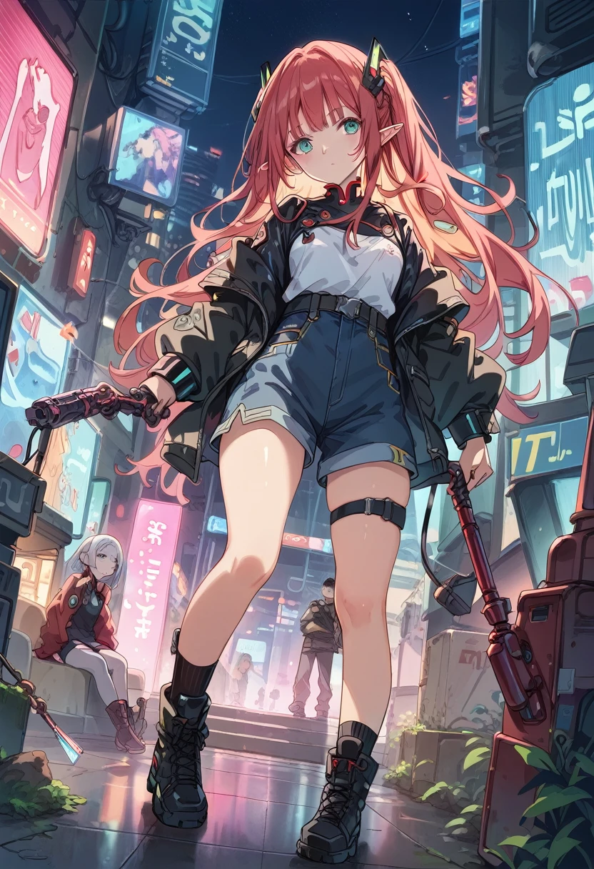 score_9, score_8_up, score_7_up, Cute Girl, elf,Wizard, pointed ears, masterpiece,(bestquality),highlydetailed,ultra-detailed,
1 girl,(black and red tones),(mechanical),(cool),(biodesign),( biomechanics),long hair,(wires and tubes),(futuristic outfit),(leather jacket),(combat boots),(in a cyberpunk city with neon lights),(holding a magic staff)