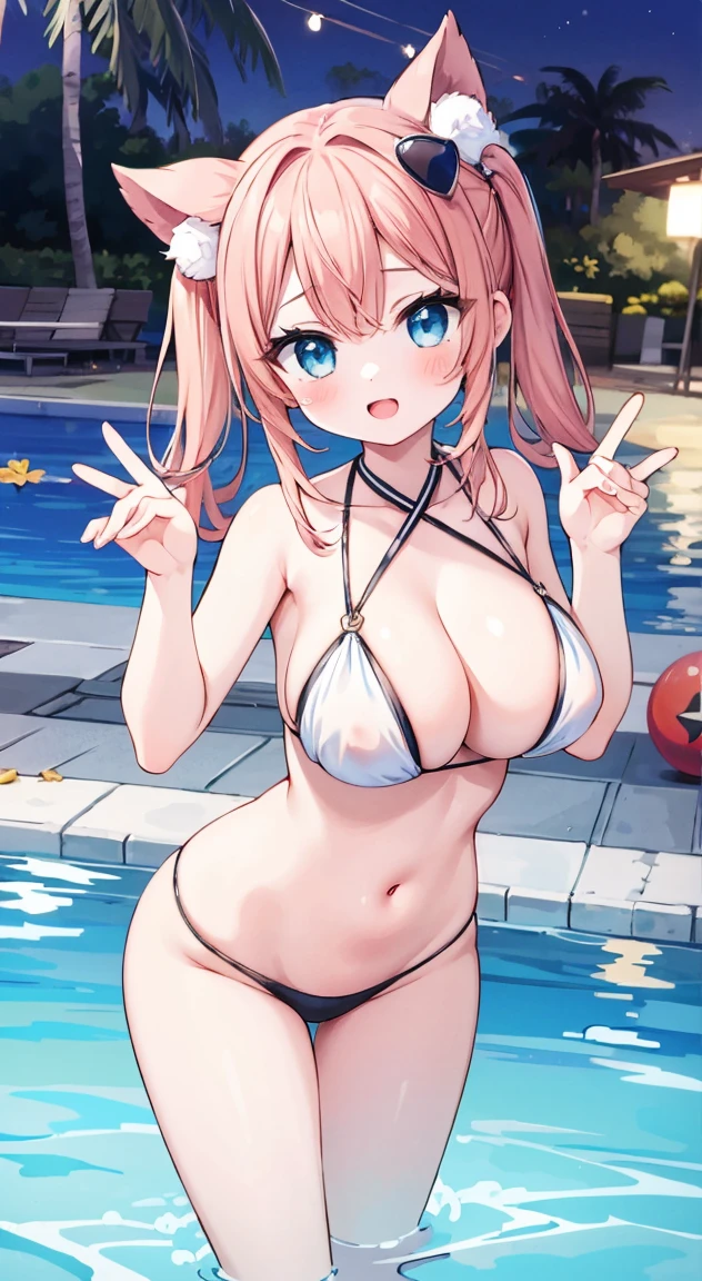 masterpiece, highest quality, (anime screencap:1.3),(shape), cute,(simple:1), (anime:1.2),Solo Sharp Focus, 1 girl, cleavage,looking at the viewer, nighttime pools,Are standing,,(NSFW:1.2),,shellbikini,beautiful hair,(Holding a Tropicaljuice1.1),cute eyes,puffy eyes,seductive pose,Beaming face,large breasts,Twintail hair,heart shaped sunglasses on head,cheerful,perfectfingers,perfecthands,