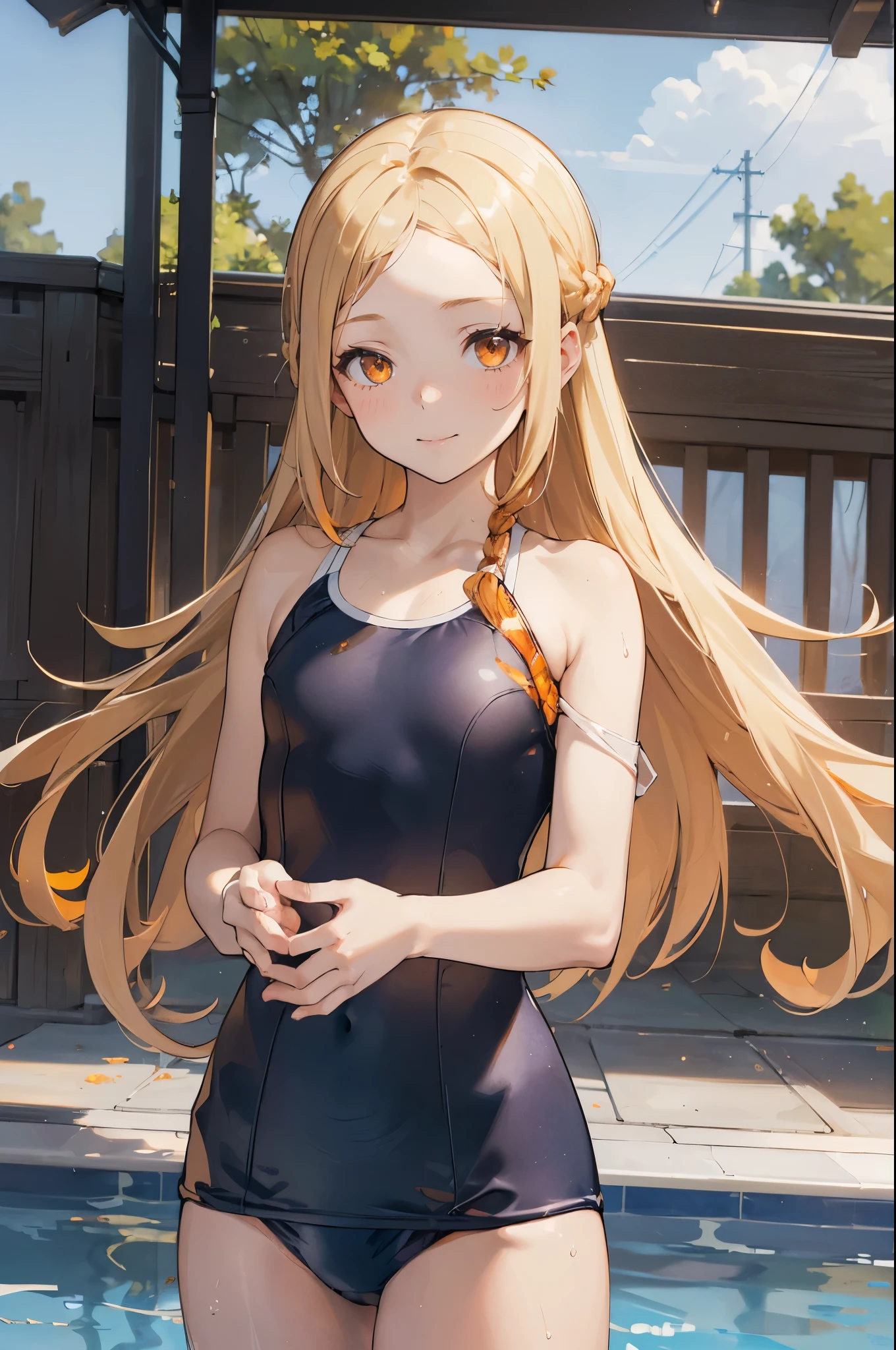 masterpiece, ultra detailed, 8k portrait, RAW photo, portrait photography, Highly detailed face, beautiful and meticulous eyes, (amber color eyes:1.5), , smile:1.5, standing:1.5, poolside, (school swimsuit:1.5) cute girl, long hair, (white blond shoulder length hair:1.5), show forehead, one side parted hair, hairpin, (sleepy face:1.2), young girl, 1girl, cute girl, pretty girl, portrait of cute girl, 159cm, 41kg, slim:1.5, flat chest:1.5,