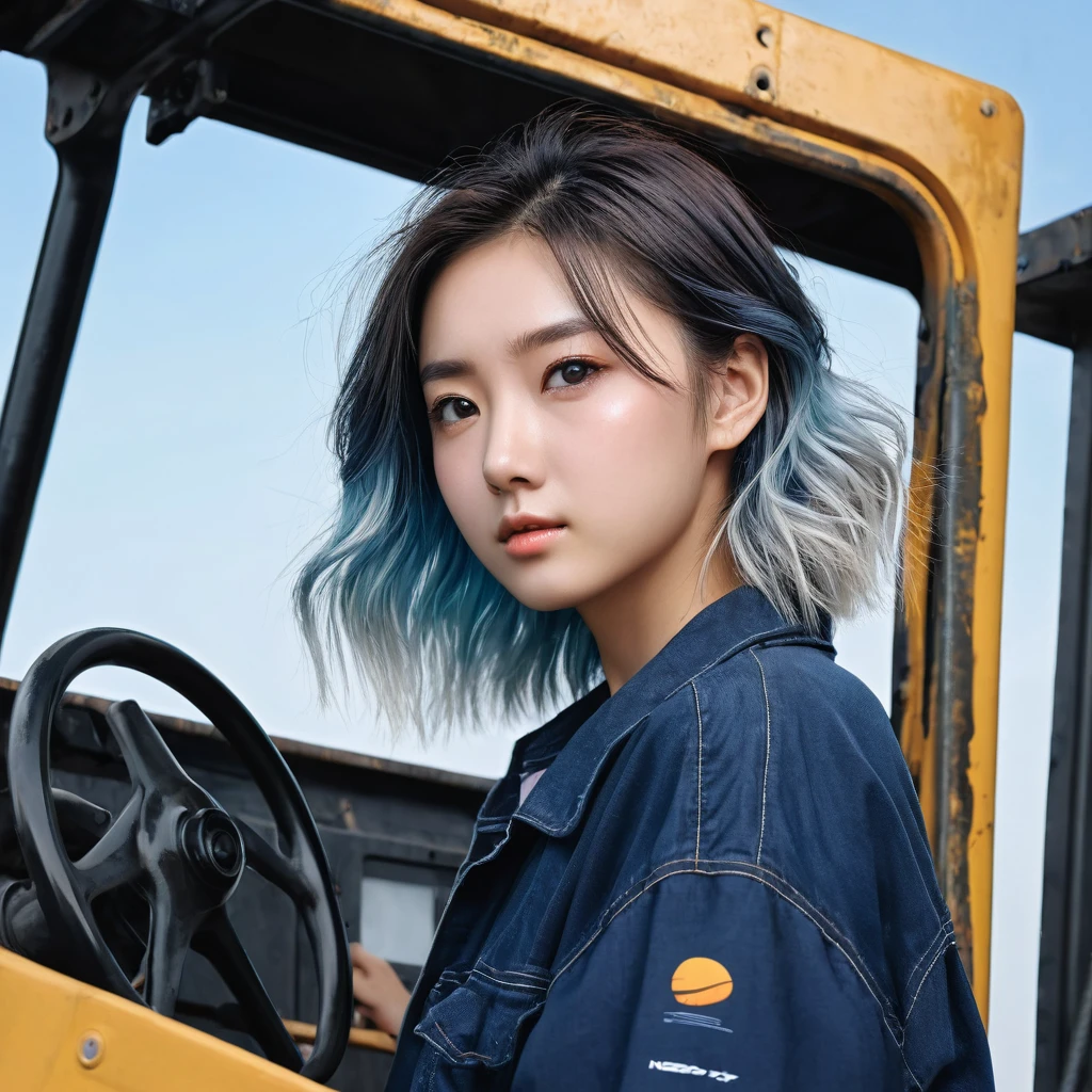 masterpiece, top quality, highly detailed, Unity 8k wallpaper, (riding a crane truck), firmament, girl 1 person, heavy machinery, gradient hair, hair between eyes, ahoge, age: 16, looking back, pretty face, white neeso,