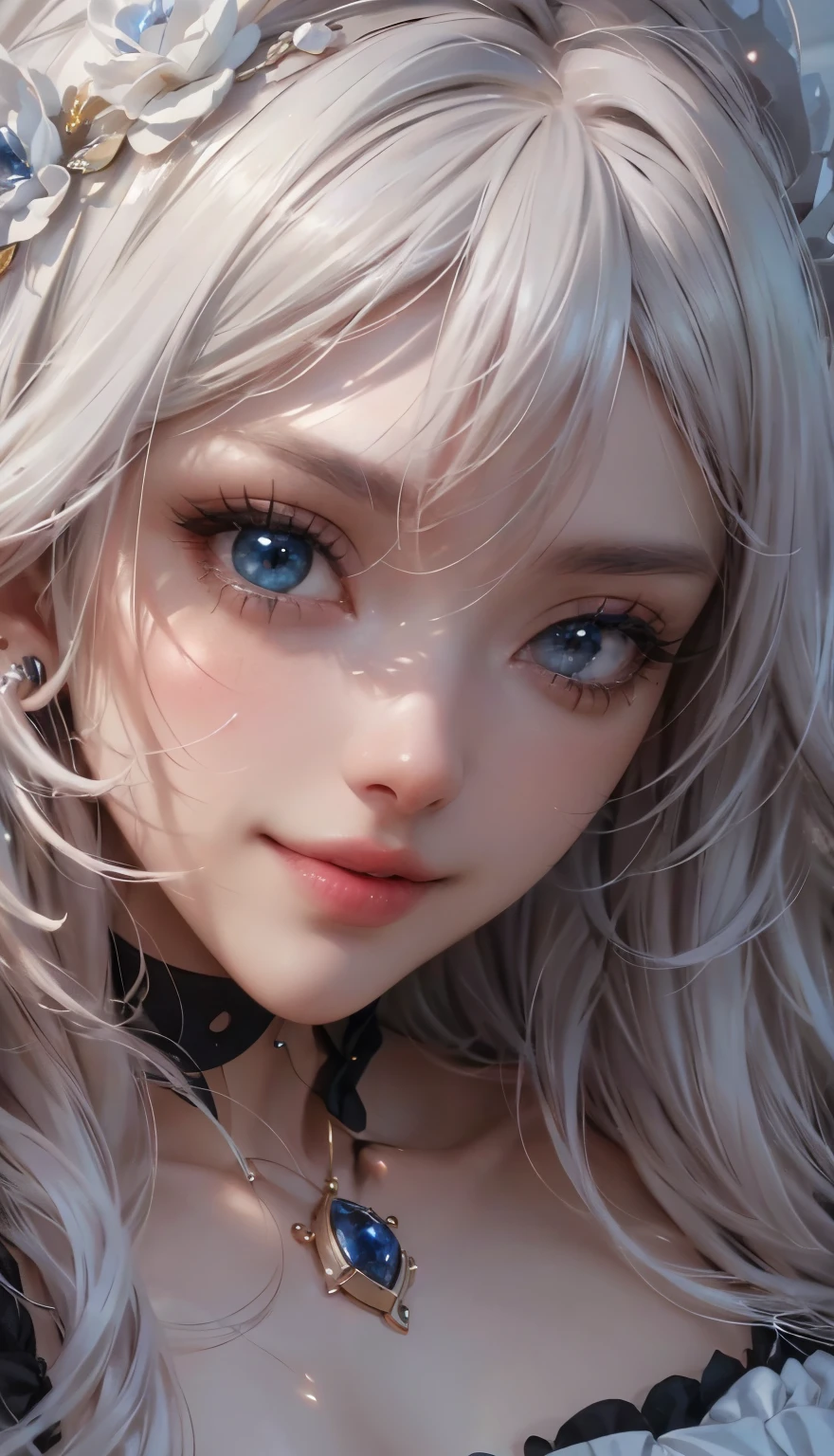 landscape of an woman, landscape of a very beautiful woman,(((extreme face close up))), Nao Tomori/(Charlotte/), anime style, (((lie sideaways)))!!!, (lie sideaways on the bed), super seductive temptation, looks at the camera with beautiful blue eyes, Ultra Detailed, A detailed eye, (Beautiful blue eye's like sapphire :1.40)!!, Stars in her fixed eyes, (homochromatic eyes)!!!, seductive smile, beautiful smile, gorgeous smile, Perfect nose, Cute little nose, beatiful face, Face Clean, Skin, hyper realistic, Incredibly detailed face, hyper detailed face, A face with a lot of detail, Perfect eye shadow, wink, Hyper-Detailed Eyes, Hyper-detailing of eyebrows, Hyper-detailed eyelashes, white hair between eyes, White hair bangs, (ultra shine white hair)!!, (curvy hair with double tied up)!!, ((dynamic composition)), Best Quality, Masterpiece, Ultra-detailed, Beautiful, hight resolution, Original, CG 8K, perfect artwork, dramatic lighting, (Realistic) Realistic, Full HD, Best Quality, Best Quality, Beautiful lighting, (8k wallpaper of extremely detailed CG unit), High Details, sharp-focus, The art of dramatic and photorealistic painting, ((In bed)), dynamic composition