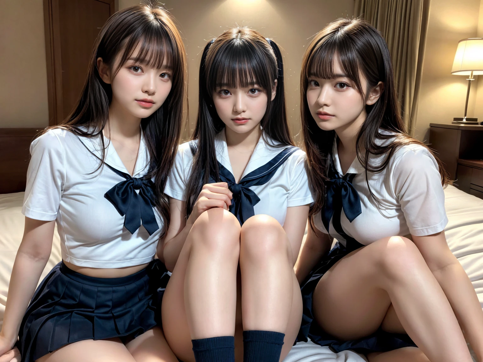 masterpiece, best quality, illustration, Super detailed, fine details, High resolution, 8K,wall paper, perfect dynamic composition,(Details High quality, realistic depiction of eyes:1.3), (3 girls), Black Sailor Uniform, serafuku, Navy pleated skirt, sitting, open legs, short bob hair, in a hotel room in the background, deep on field, large , black hair color, Big Natural Color Lip, (perfect body shape), crying a little、Harajuku style、20 year old girl、cute type、beautiful legs, Gravure Idol
