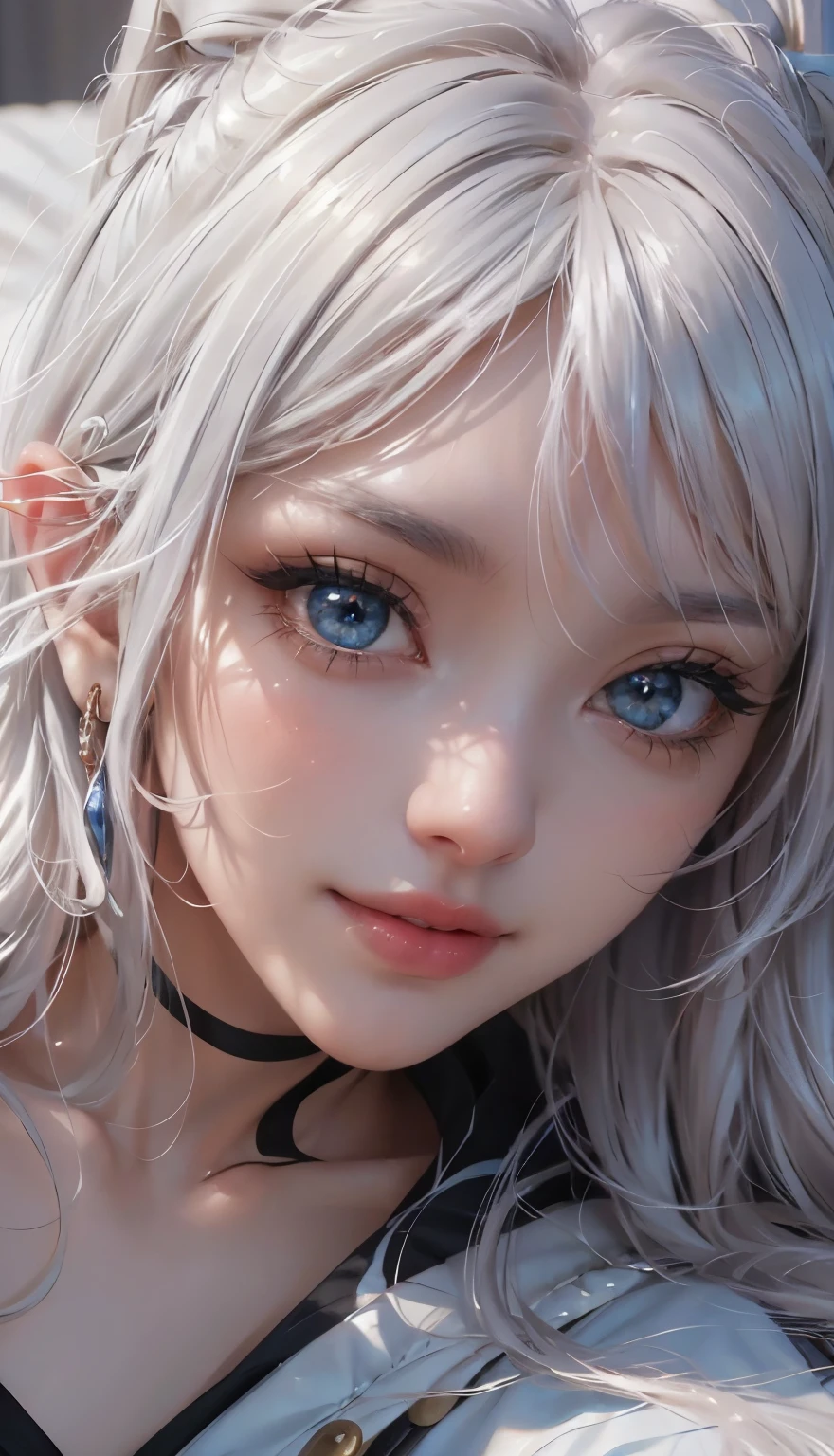landscape of an woman, landscape of a very beautiful woman,(((extreme face close up))), Nao Tomori/(Charlotte/), anime style, (((lie sideaways)))!!!, (lie sideaways on the bed), super seductive temptation, looks at the camera with beautiful blue eyes, Ultra Detailed, A detailed eye, (Beautiful blue eye's like sapphire :1.40)!!, Stars in her fixed eyes, (homochromatic eyes)!!!, seductive smile, beautiful smile, gorgeous smile, Perfect nose, Cute little nose, beatiful face, Face Clean, Skin, hyper realistic, Incredibly detailed face, hyper detailed face, A face with a lot of detail, Perfect eye shadow, wink, Hyper-Detailed Eyes, Hyper-detailing of eyebrows, Hyper-detailed eyelashes, white hair between eyes, White hair bangs, (ultra shine white hair)!!, (curvy hair with double tied up)!!, ((dynamic composition)), Best Quality, Masterpiece, Ultra-detailed, Beautiful, hight resolution, Original, CG 8K, perfect artwork, dramatic lighting, (Realistic) Realistic, Full HD, Best Quality, Best Quality, Beautiful lighting, (8k wallpaper of extremely detailed CG unit), High Details, sharp-focus, The art of dramatic and photorealistic painting, ((In bed)), dynamic composition