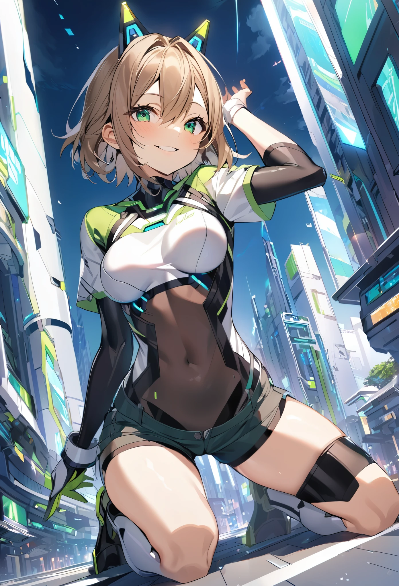 aile_megamanzx, kneeling with one hand on the ground and the other arm raised, 1girl, solo, short hair, brown hair, short sleeves, (bodysuit), robot ears, green eyes, (very_short_shorts:1.3), short sleeves, short over long sleeves, smile, in futuristic city, , high quality, medium_breasts,crotch, slouch,groin,dynamic_angle
