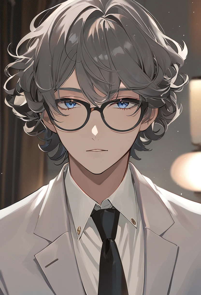 male,, suit, tie、Monochrome、Glasses、front、Curly hair
