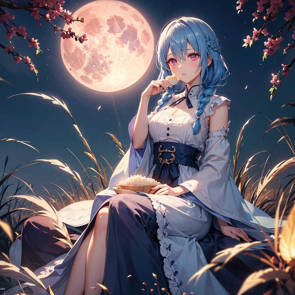 Sky blue hair, (Braided medium hair), (Pink eyes),Fair skin) ,(whole body),(One Girl),(harvest moon),(A large amount of Miscanthus sinensis in the background),(full moon),(masterpiece, Highest quality, Very detailed, Best Shadow), (Detailed Background), (Beautifully detailed face), High Contrast, (Best lighting, Very delicate and beautiful), ((Cinematic Light)), Hyper Detail,8k, Dramatic Light, Intricate details,(sitting down to eat rice dumplings)
