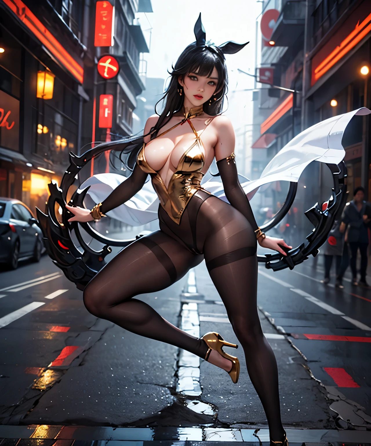 (highest quality, masterpiece: 1.1), 1 girl, whole body from head to toe, in the hustle and bustle of the city, 足を開いてしゃがむsexy pose, 30 year old beauty, she wears skimpy full body tights......, bewitching waist, sexy pose, look at the camera, Sheer Full Body Tights, Transparent full body tights with plunging neckline, No bra, sexy beauty, Nipple projection reflected in full body tights, clear white skin, Gold accessories on hands and feet, skin shining with sweat, black stockings, high heels, (pureerosface_v1:0.3)