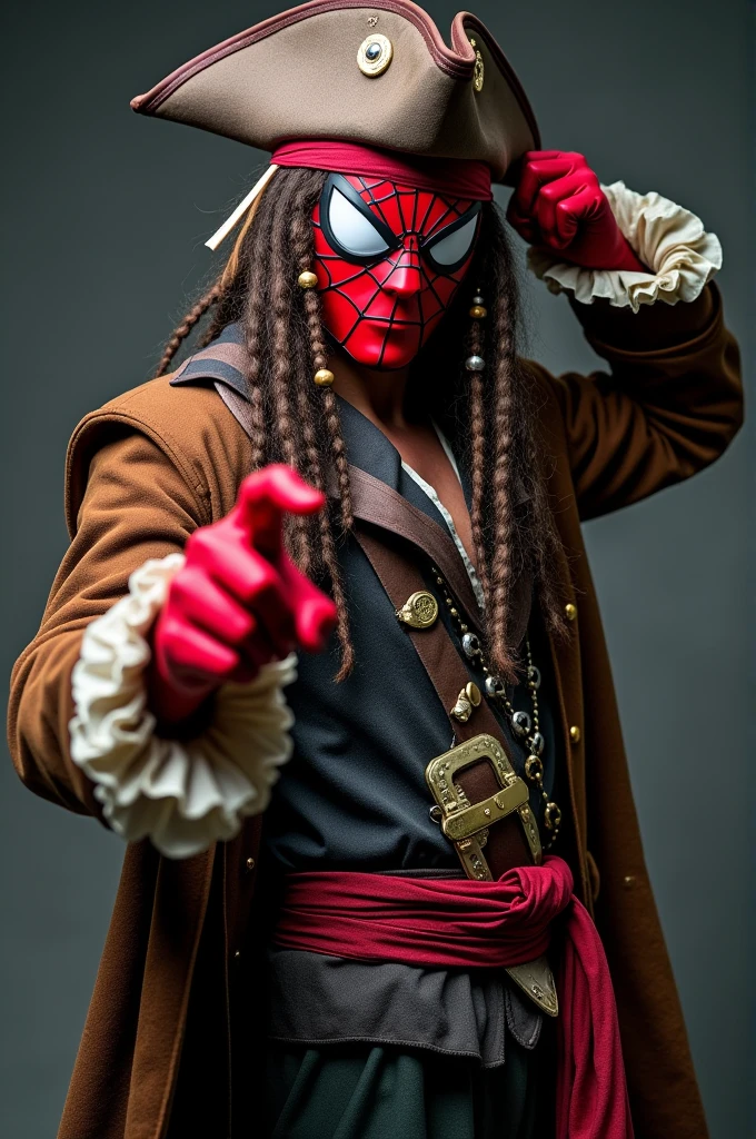 Spider-Man is dressed in Jack Sparrow's attire but still wearing his iconic Spider-Man mask. The mask covers his face, with its web patterns and eyes visible through the pirate hat. He’s wearing the pirate coat over his Spider-Man suit, with the coat open to reveal the suit underneath. The pirate boots and the wig with beads are fully integrated into the outfit. He strikes a dramatic pose, with one hand on the hat and the other hand extended in a pointing gesture, capturing the humor of Spider-Man dressed as a pirate while still maintaining his superhero identity.