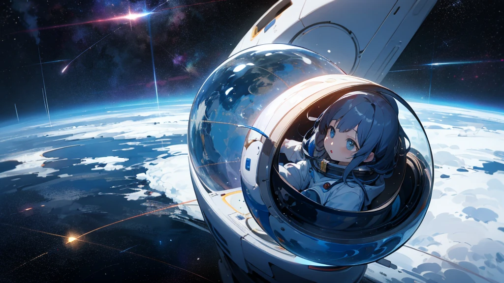 asian girl in the space on alien planet between polar star and big dipper