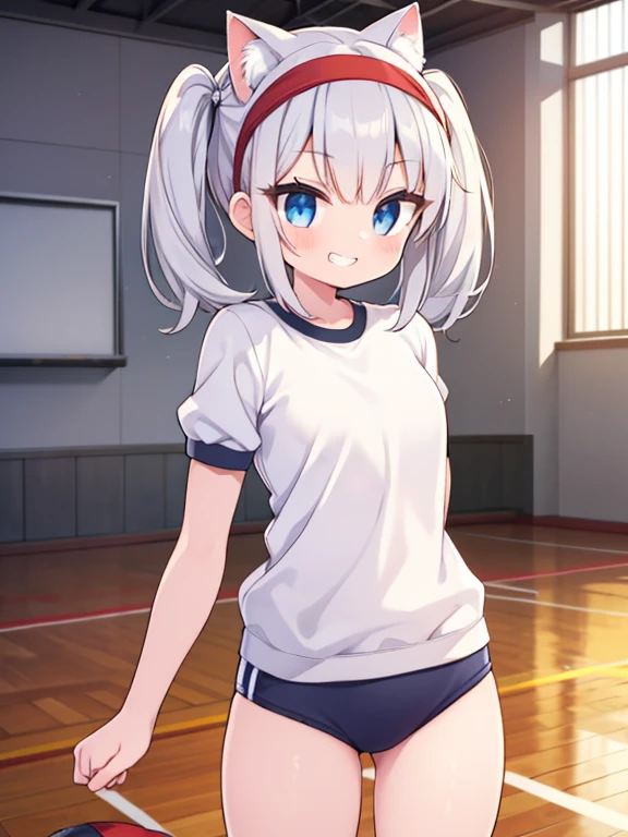 Silver Hair、blue eyes、girl、Small breasts、Twin tails、girl、Small breasts、Lolita、Bright smile、Looks about 15 years old、Petan Musume、He is short、目のhighlight、Sexy thighs、Wearing gym clothes、Sweating、Showing armpits、Your eyes are so beautiful、highlight