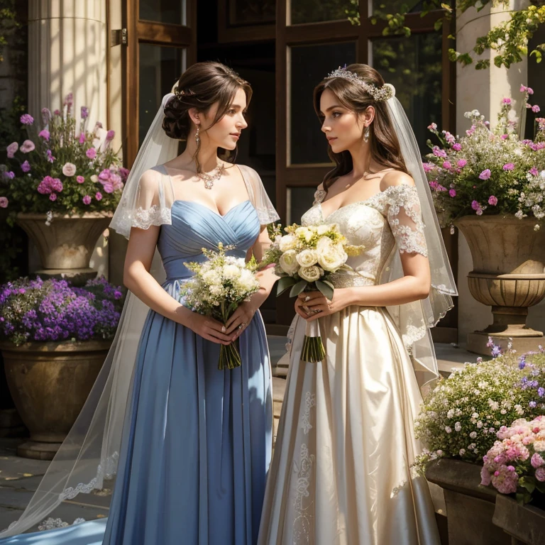 (​masterpiece, best quality:1.5), highest quality, High resolution, super detailed, Realists, Upper body photo of a brunette woman, detailed and beautiful eyes, beautiful detailed lips, very detailed eyes and face, longeyelashes, Mother of the bride in a dress made of shiny satin fabric, Beautiful and colorful makeup, elegant and noble々Pose,shiny satin headband, grind, Holding flowers, Gardens as background, soft daylight, bright colors, fine brushstrokes, Portrait style, Noble details in the dress fabric, beautiful color palette, glowing skin, First-class rendering, that captures every detail, enchanting atmosphere, subtle shadows and lights, (perfect anatomy:1.2), (The stunning group of women in dress bobbed the wedding  (magnificent panorama view:1.2)