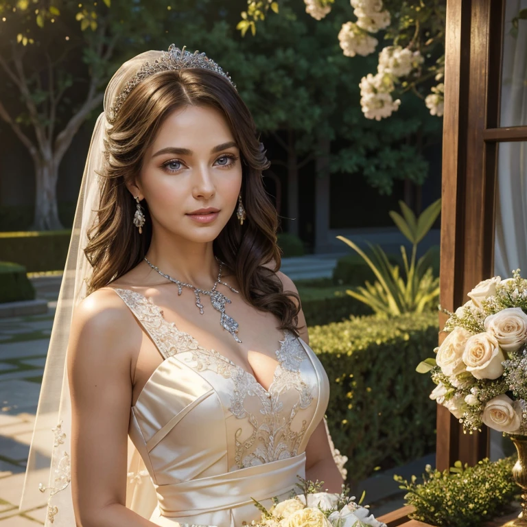 (​masterpiece, best quality:1.5), highest quality, High resolution, super detailed, Realists, Upper body photo of a woman, detailed and beautiful eyes, beautiful detailed lips, very detailed eyes and face, longeyelashes, Mother of the bride in a dress made of shiny satin fabric, Beautiful and colorful makeup, elegant and noble々Pose,shiny satin headband, grind, Holding flowers, Gardens as background, soft daylight, bright colors, fine brushstrokes, Portrait style, Noble details in the dress fabric, beautiful color palette, glowing skin, First-class rendering, that captures every detail, enchanting atmosphere, subtle shadows and lights, (perfect anatomy:1.2), (The stunning wedding with many guests in the background  (magnificent panorama view:1.2)