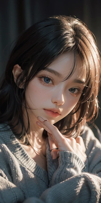 (masterpiece: 1.2, Portraiture, Highest quality), Realistic, (Live Action, Intricate details, Written boundary depth), Highest quality, masterpiece, Attention to detail, semi-Realistic, Sleeping in bed, shy, 21 years old, Short Blonde, blue eyes, pajamas, Slim figure、Pitch-dark room、Very dark、midnight