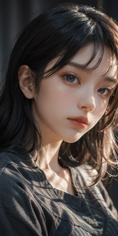 (masterpiece: 1.2, Portraiture, Highest quality), Realistic, (Live Action, Intricate details, Written boundary depth), Highest quality, masterpiece, Attention to detail, semi-Realistic,  Sleeping in bed, shy, 21 years old, Short Blonde, blue eyes, pajamas, Slim figure、Pitch-dark room、Very dark、midnight