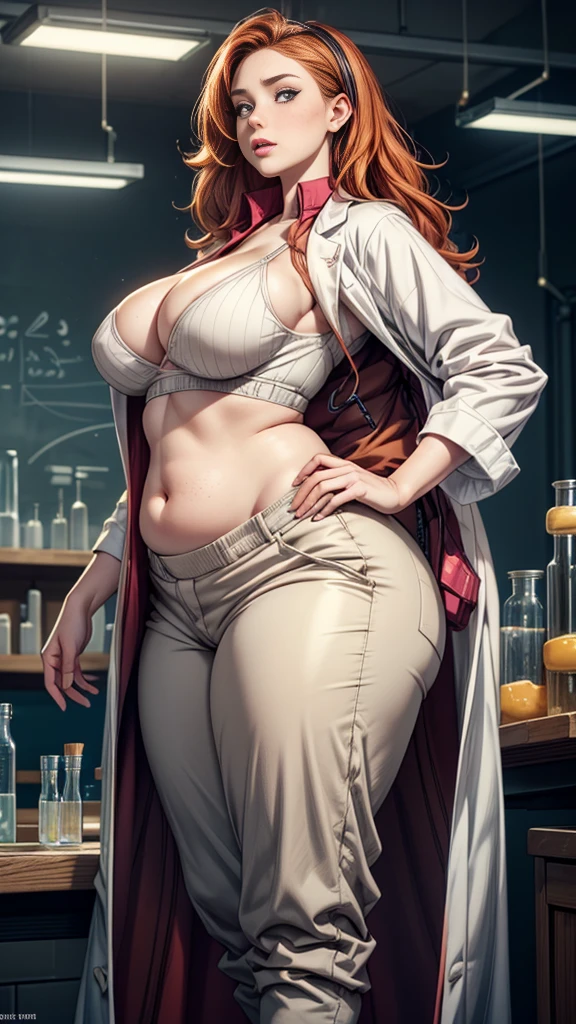 Beautiful young woman, 25 years old, chubby, chubby girl, overweight, gorgeous face, light freckles, irish redhead, tied wavy long ginger hair, pale skin, skin imperfections, skin dentation, detailed eyes, grey eyes, big breasts, wide hips, sharp Focus, ultra high quality, curvy body, crazy details, curious look, (wearing lab coat), (tight top and trousers under lab coat), cleavage, 8k uhd wallpaper, masterpiece, artwork photography, photorealistic, (conducting chemical experiments in laboratory), leaning over laboratory table, view from side